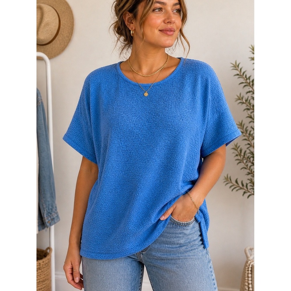 Anne Klein Textured Short Sleeve Top Relaxed Fit Blue Size XL
